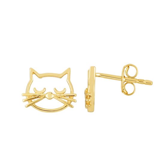 14K Gold Polished Cat Face Stud Earring